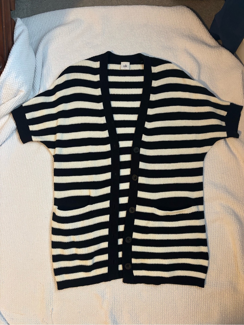 CAbi Striped Short-Sleeve Cardigan Sweater - Black & White